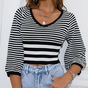 Women's Striped V-neck Crop Sweater